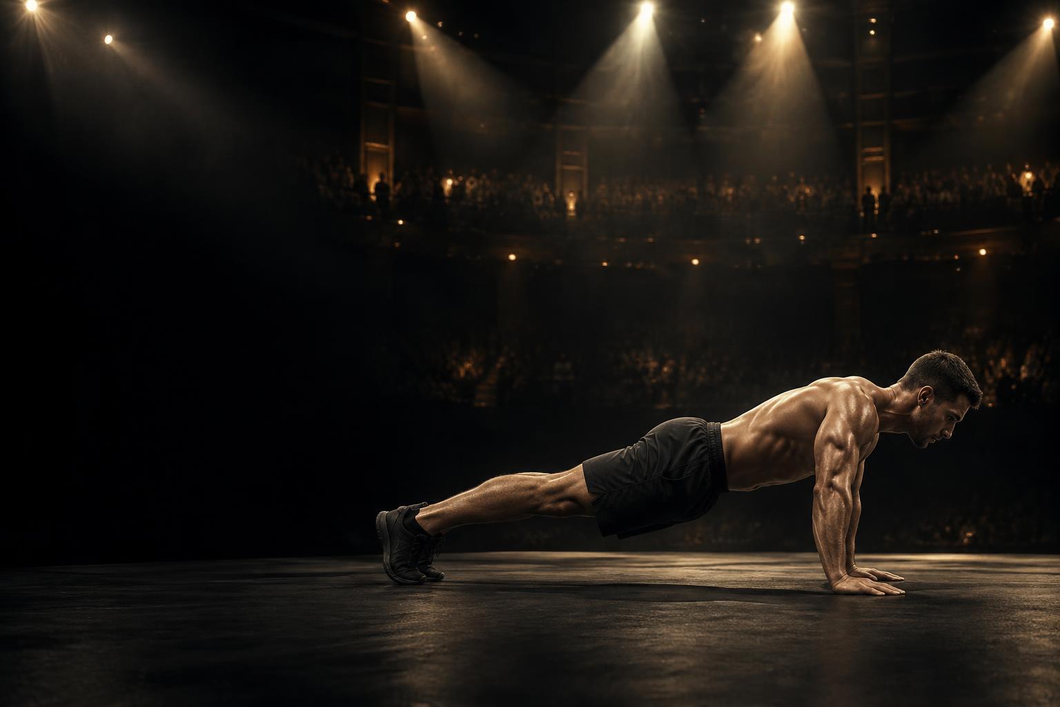 Athlete holding a strict push-up position under arena lights